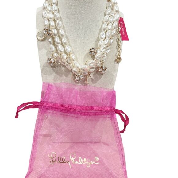 Lilly Pulitzer Multi Strand Pearl Necklace Gold Faux Pearls Crystal Charms gift